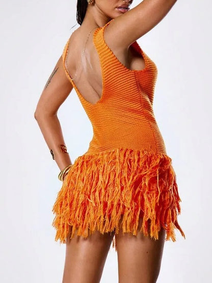 Crochet Knit Sleeveless Tassel Hem Mini Beach Dress In Orange