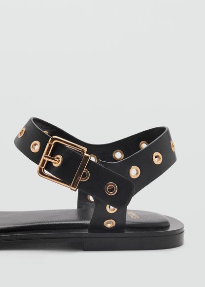 Perforated-Eye Metal-Buckle Flat Sandals