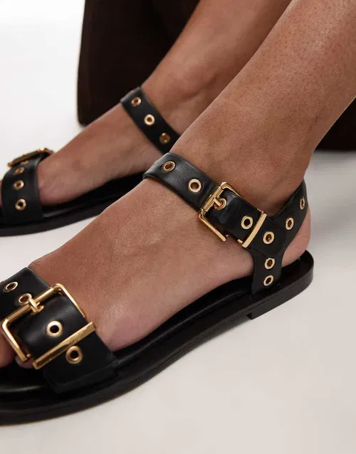Perforated-Eye Metal-Buckle Flat Sandals