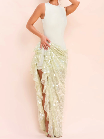 SEQUIN DRAPED MESH DRESS