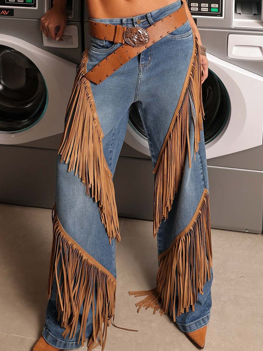 Western Fringe Wide Leg Denim Jeans