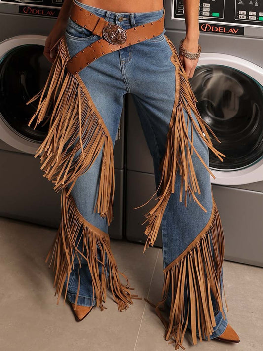 Western Fringe Wide Leg Denim Jeans