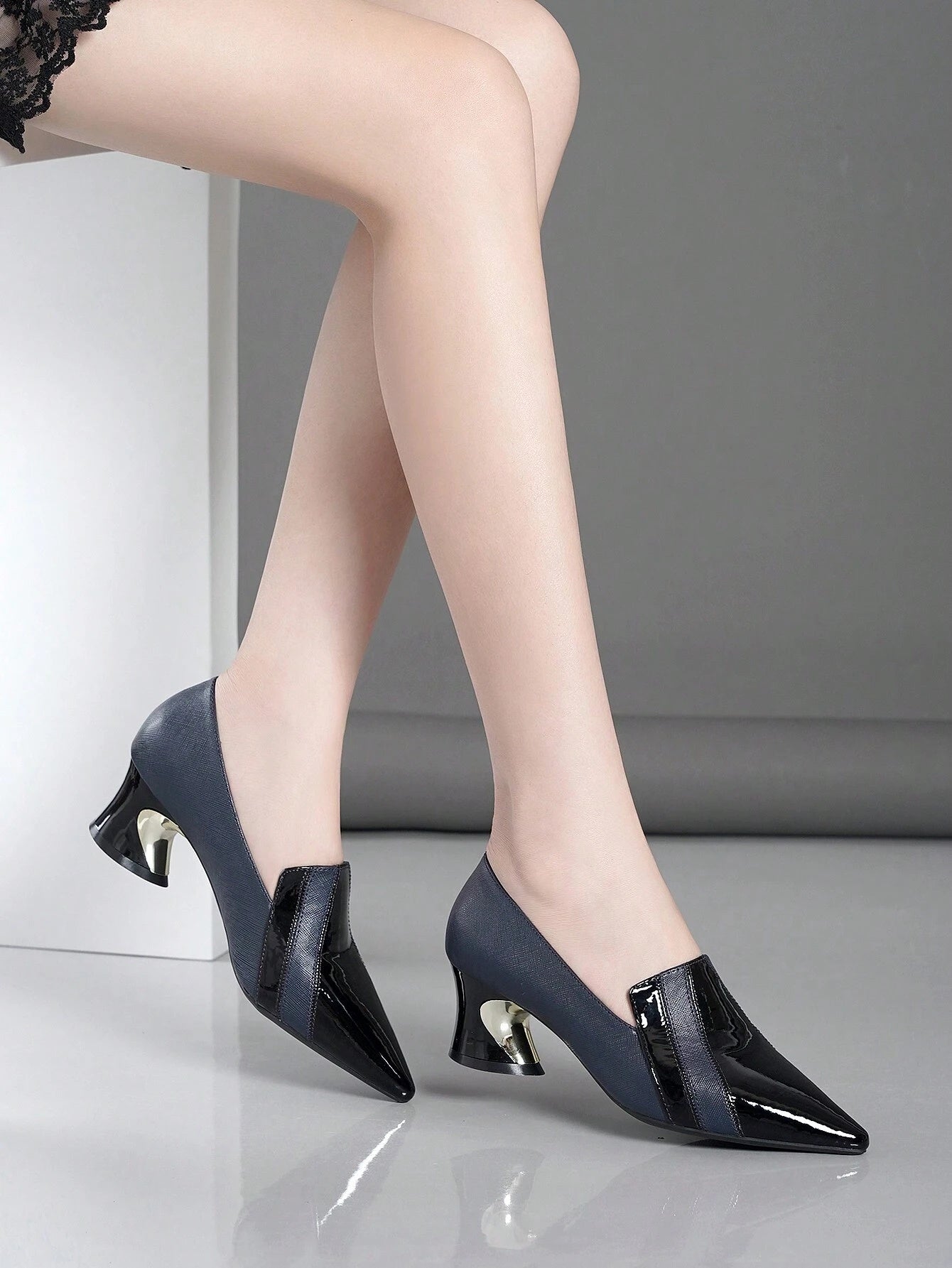 High Heels Pointed Toe Block Heel Leather Shoes