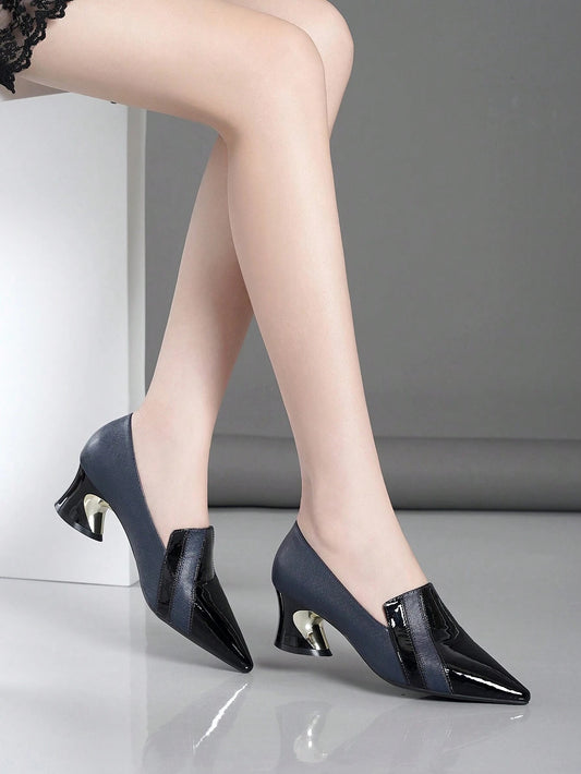 High Heels Pointed Toe Block Heel Leather Shoes