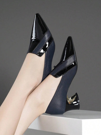 High Heels Pointed Toe Block Heel Leather Shoes