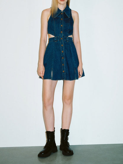 Cut-Out Sleeveless Denim Dress
