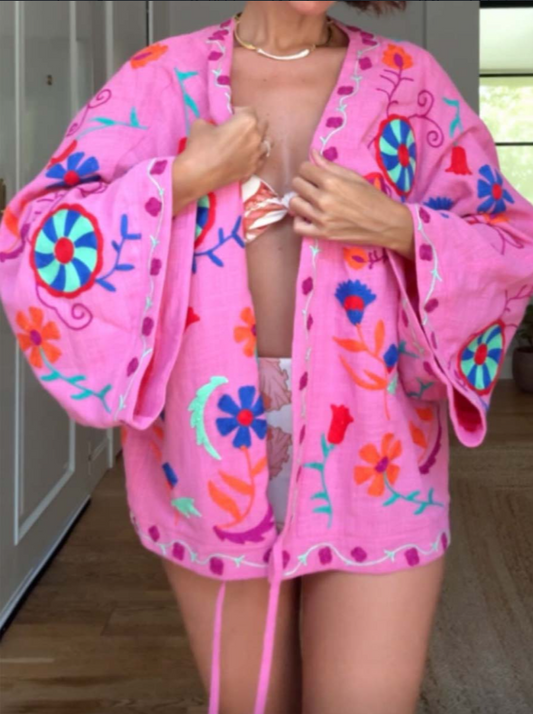 PINK EMBROIDERED KAFTAN KIMONO JACKET