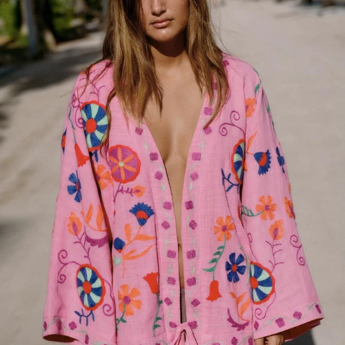 PINK EMBROIDERED KAFTAN KIMONO JACKET