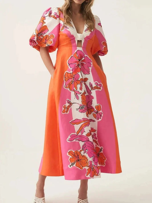 Deep V-neckline Knotted Midi Dress