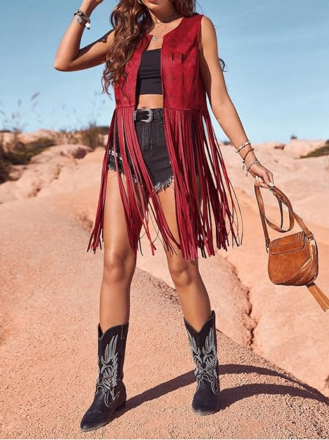 Hippie Faux Suede Trim Western Cowgirl Tassel Jacket Cardigan.