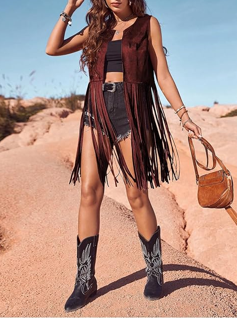 Hippie Faux Suede Trim Western Cowgirl Tassel Jacket Cardigan.