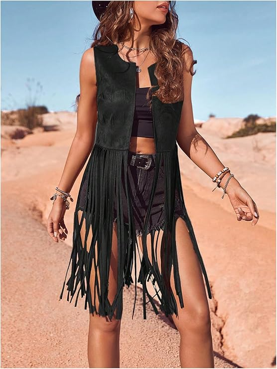 Hippie Faux Suede Trim Western Cowgirl Tassel Jacket Cardigan.