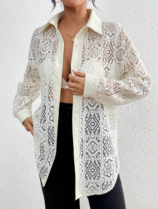 Drop Shoulder Lace Sheer Long Sleeve Shirt