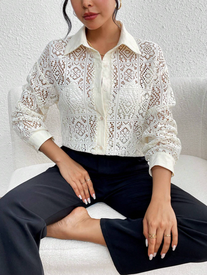 Drop Shoulder Lace Sheer Long Sleeve Shirt