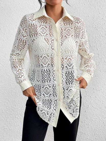 Drop Shoulder Lace Sheer Long Sleeve Shirt