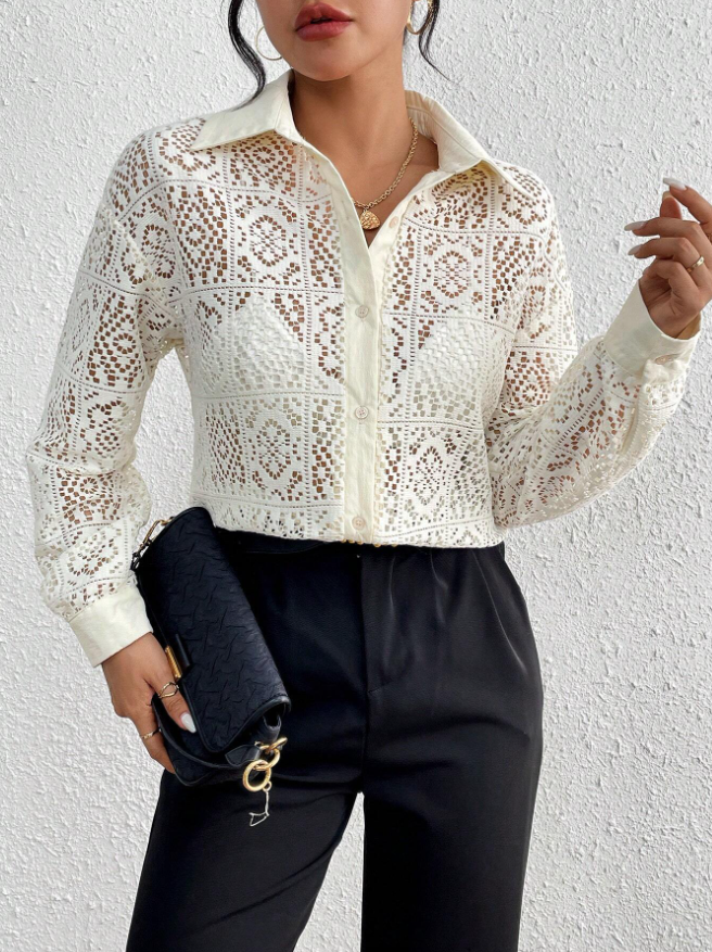 Drop Shoulder Lace Sheer Long Sleeve Shirt