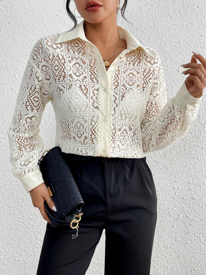 Drop Shoulder Lace Sheer Long Sleeve Shirt