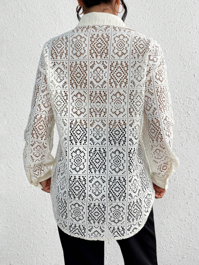 Drop Shoulder Lace Sheer Long Sleeve Shirt