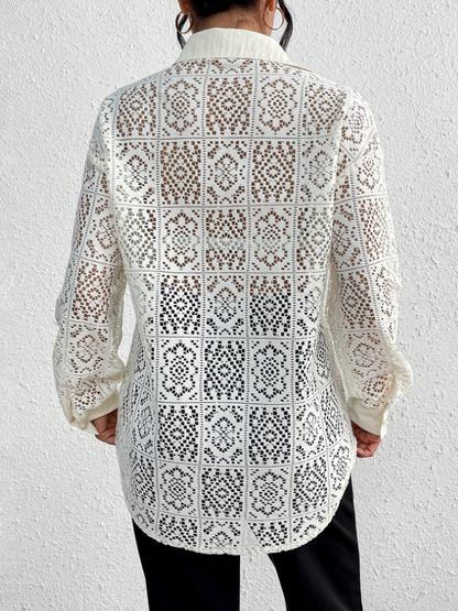 Drop Shoulder Lace Sheer Long Sleeve Shirt