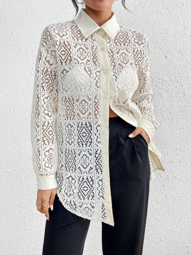 Drop Shoulder Lace Sheer Long Sleeve Shirt