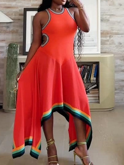 Striped Cutout Handkerchief-Hem Maxi Tank Dress