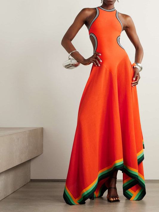 Striped Cutout Handkerchief-Hem Maxi Tank Dress