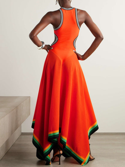 Striped Cutout Handkerchief-Hem Maxi Tank Dress