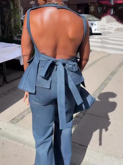 Backless Denim Hundred Flowers Two-piece Set