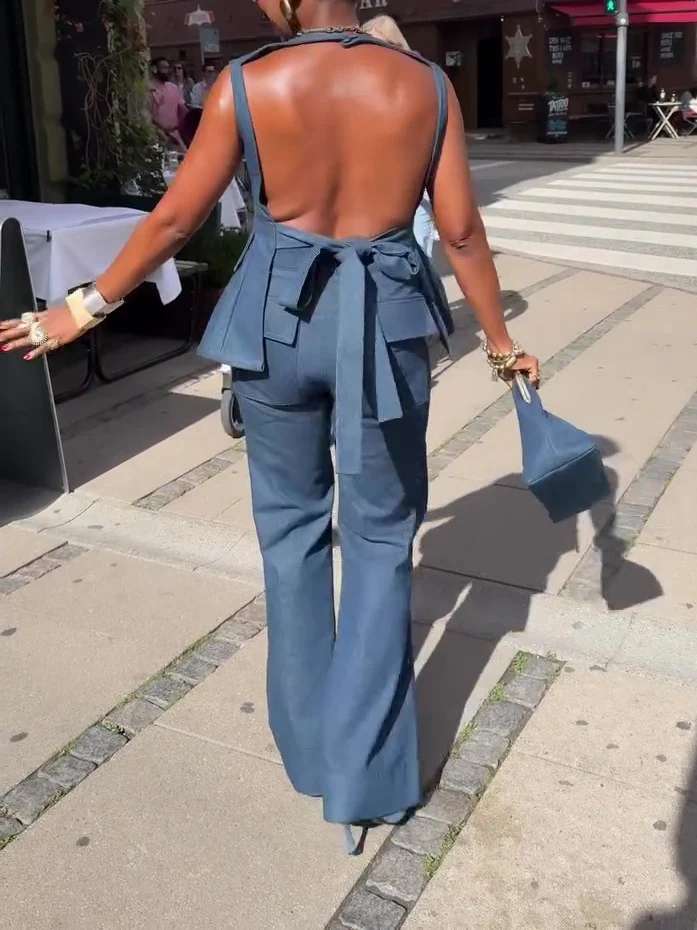 Backless Denim Hundred Flowers Two-piece Set