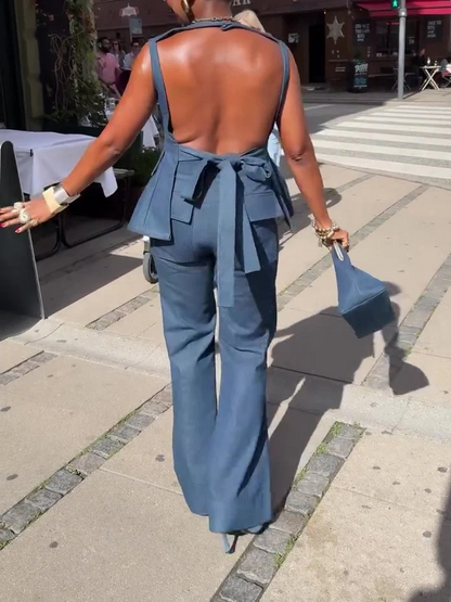 Backless Denim Hundred Flowers Two-piece Set