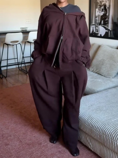 Casual Hooded Sweatshirt Wide Leg Pants Set