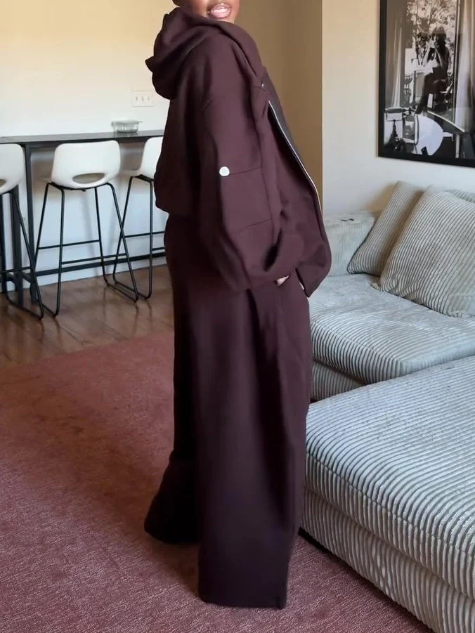 Casual Hooded Sweatshirt Wide Leg Pants Set