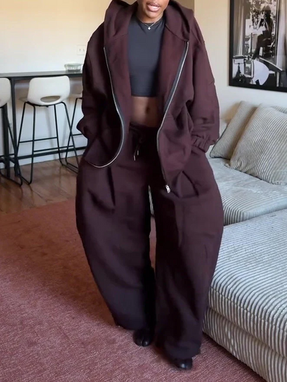 Casual Hooded Sweatshirt Wide Leg Pants Set