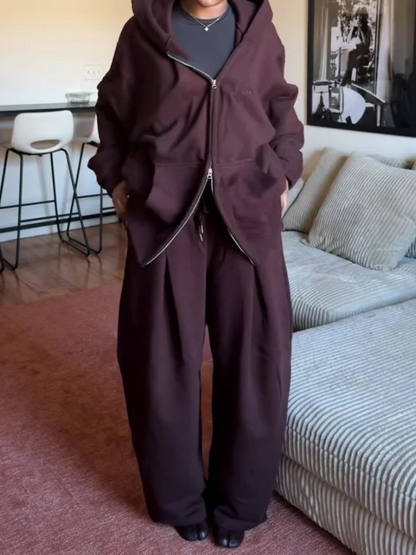 Casual Hooded Sweatshirt Wide Leg Pants Set
