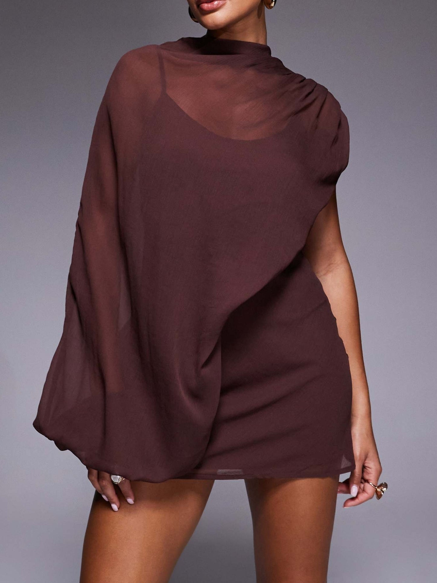 Asymmetric Mini Dress With Cut Out In Chocolate