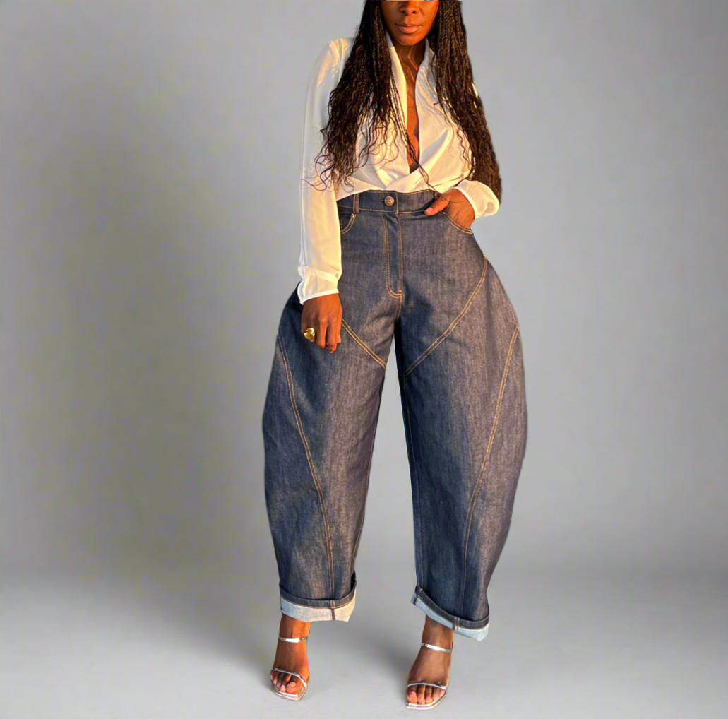 Denim Whipstitching Metallic Wide Leg Barrel Jeans