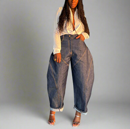 Denim Whipstitching Metallic Wide Leg Barrel Jeans