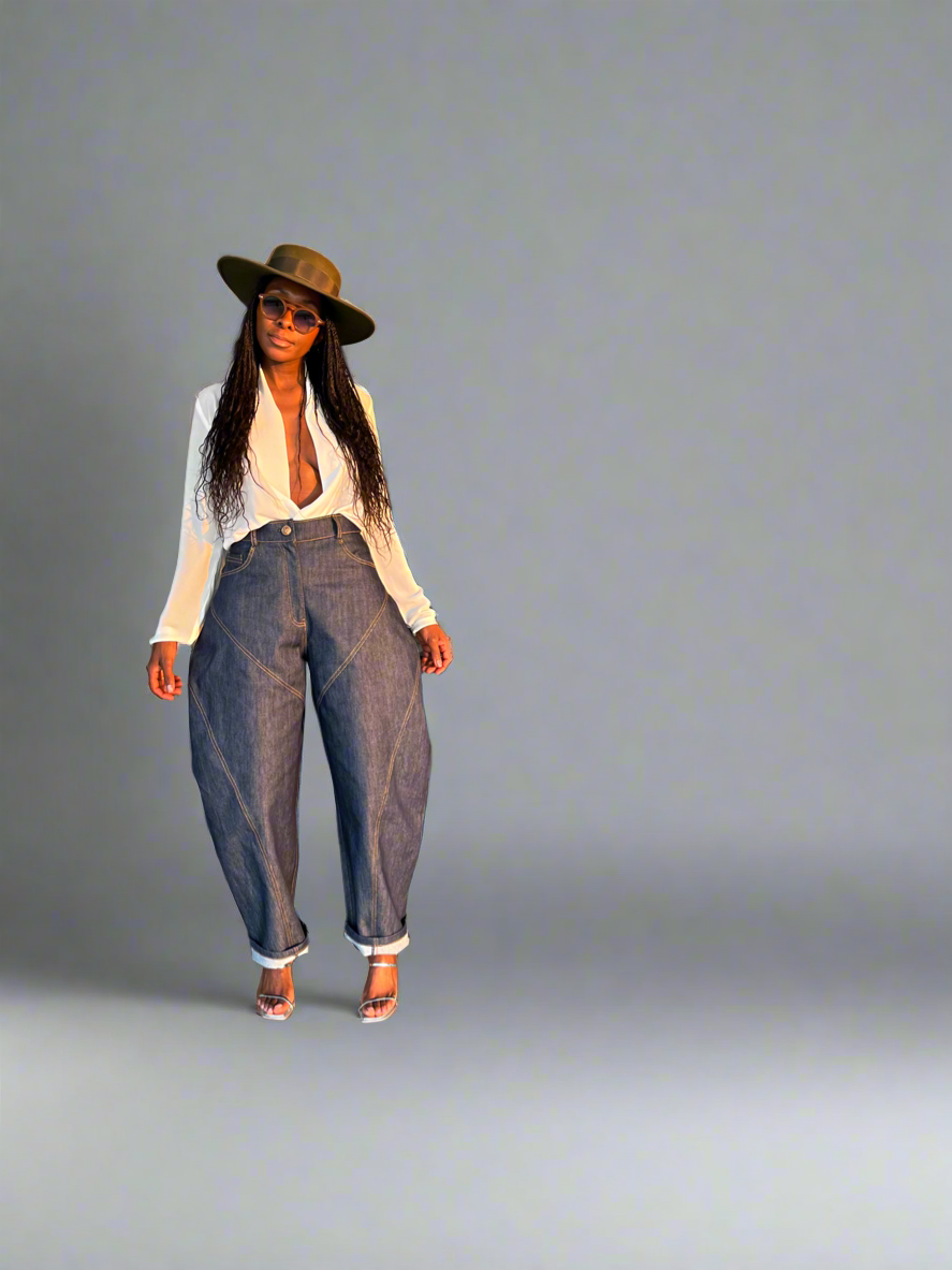 Denim Whipstitching Metallic Wide Leg Barrel Jeans