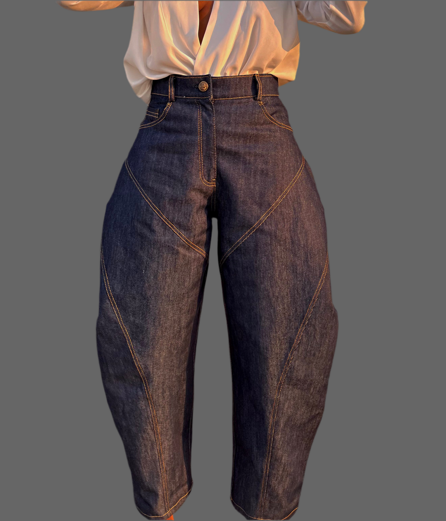 Denim Whipstitching Metallic Wide Leg Barrel Jeans