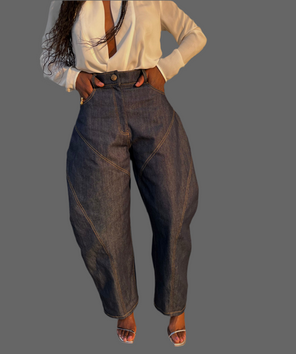 Denim Whipstitching Metallic Wide Leg Barrel Jeans