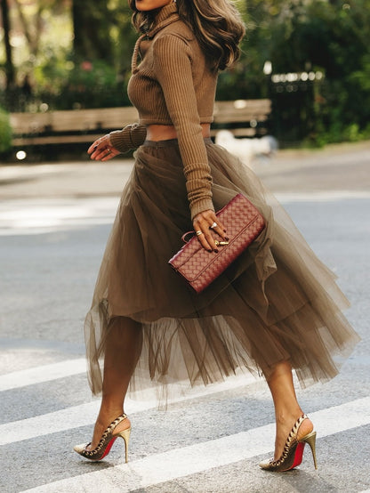 Skinny Knitted Cardigan + Elasticated-waistband Tulle Skirt