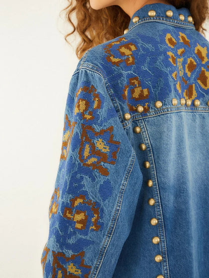 Studs Metal Denim Embroidered Suit