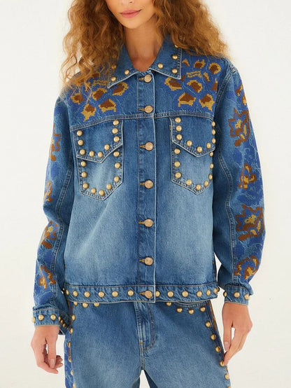 Studs Metal Denim Embroidered Suit