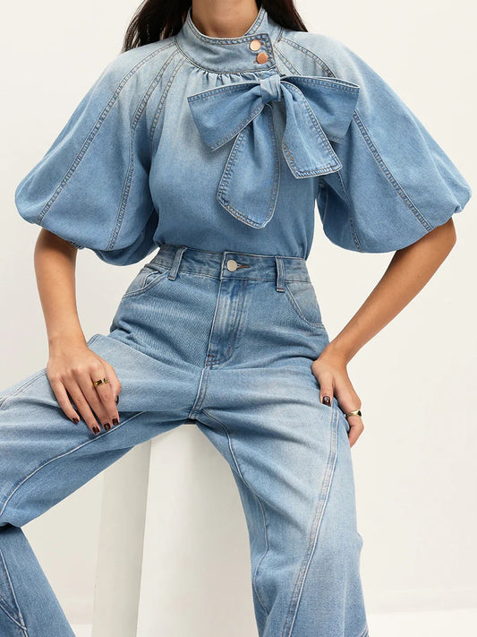 Denim Puff-Sleeve Top With Bow Detail