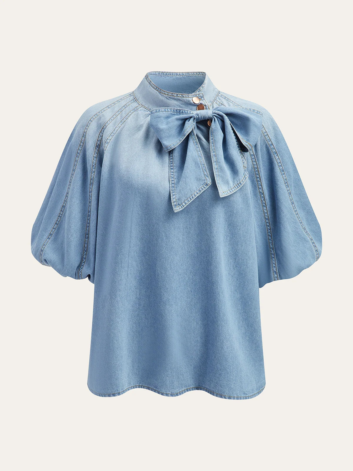Denim Puff-Sleeve Top With Bow Detail