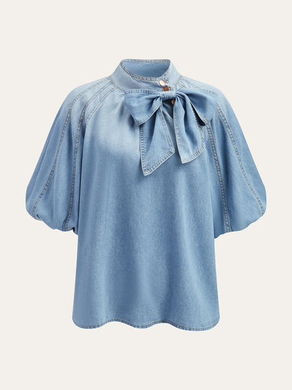Denim Puff-Sleeve Top With Bow Detail
