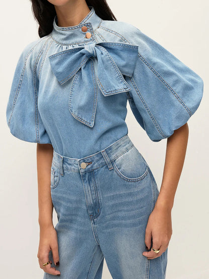 Denim Puff-Sleeve Top With Bow Detail