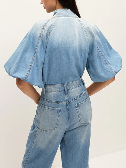 Denim Puff-Sleeve Top With Bow Detail
