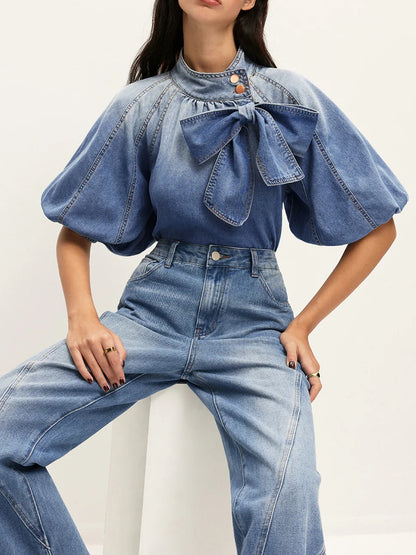 Denim Puff-Sleeve Top With Bow Detail