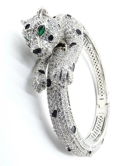 White Gold Plated Crystals Black Enamel Leopard Bracelet
